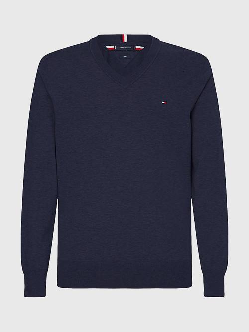Tommy Hilfiger 1985 Essential TH Flex V-Neck Jumper Moški Puloverji Modra | TH417TDM