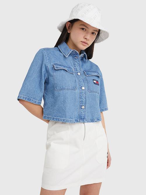 Tommy Hilfiger Badge Cropped Short Sleeve Denim Ženske Srajce Denim | TH045AHS