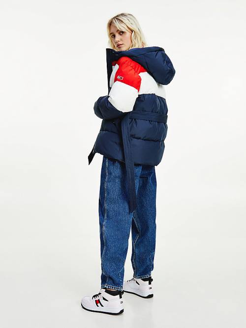 Tommy Hilfiger Colour-Blocked Belted Down Puffer Ženske Jakne Modra | TH386KYO