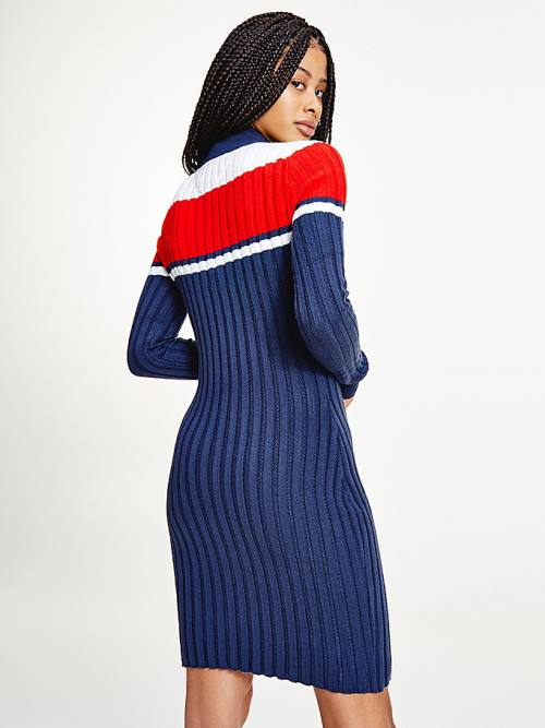 Tommy Hilfiger Colour-Blocked Half-Zip Jumper Ženske Obleke Modra | TH912HKQ