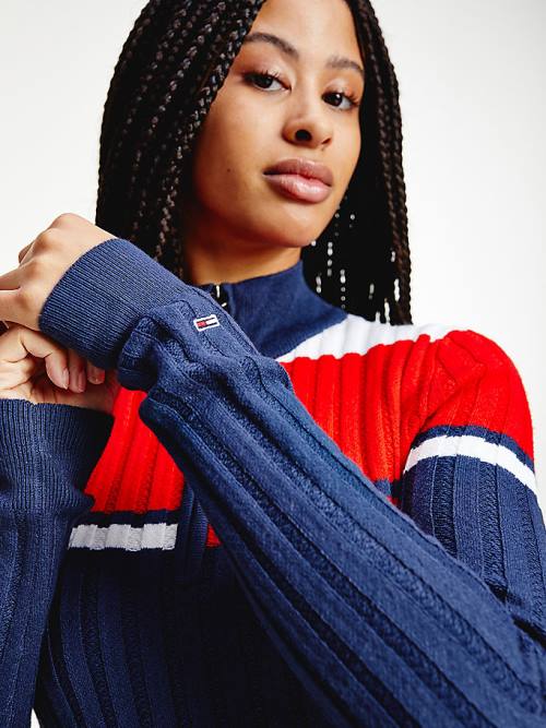 Tommy Hilfiger Colour-Blocked Half-Zip Jumper Ženske Obleke Modra | TH912HKQ