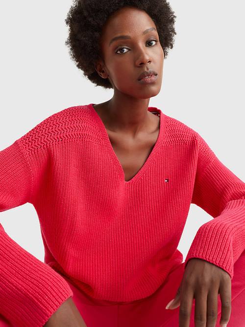 Tommy Hilfiger Contrast Knit Relaxed Fit V-Neck Jumper Ženske Puloverji Roza | TH017AZQ