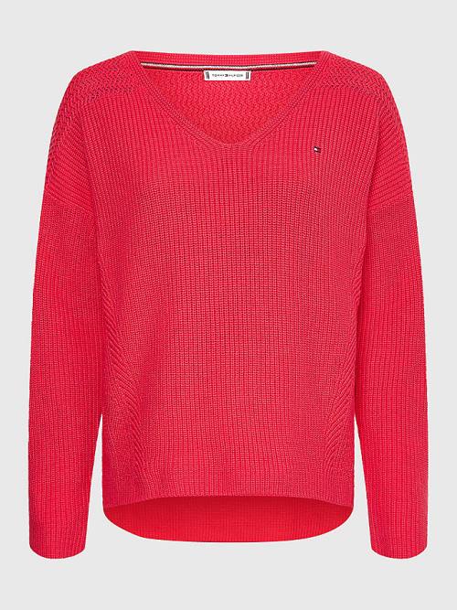 Tommy Hilfiger Contrast Knit Relaxed Fit V-Neck Jumper Ženske Puloverji Roza | TH017AZQ
