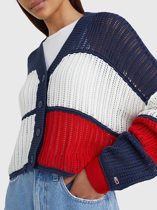 Tommy Hilfiger Cropped Colour-Blocked Cardigan Ženske Puloverji Modra | TH093IYM