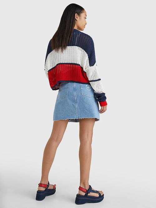 Tommy Hilfiger Cropped Colour-Blocked Cardigan Ženske Puloverji Modra | TH093IYM
