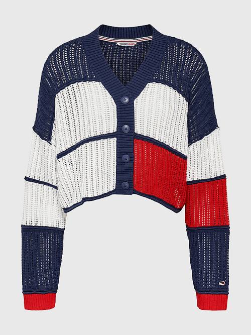 Tommy Hilfiger Cropped Colour-Blocked Cardigan Ženske Puloverji Modra | TH093IYM
