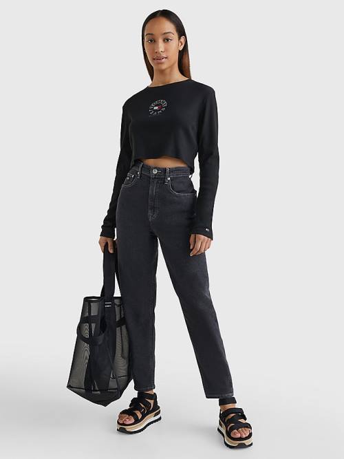 Tommy Hilfiger Cropped Logo Embroidery Long Sleeve Ženske Majice Črna | TH675DKU