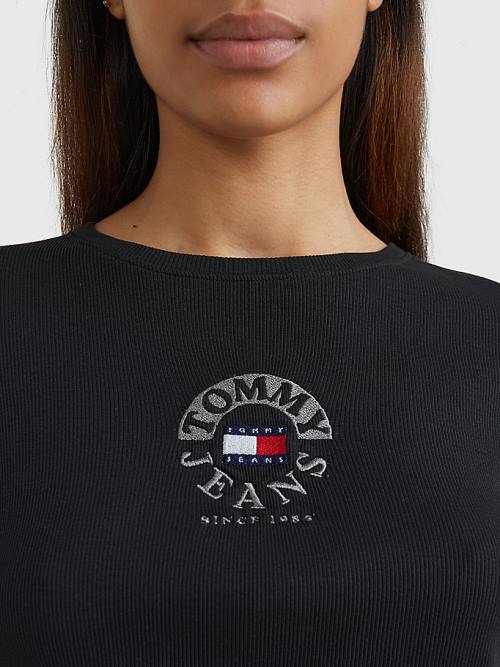 Tommy Hilfiger Cropped Logo Embroidery Long Sleeve Ženske Majice Črna | TH675DKU