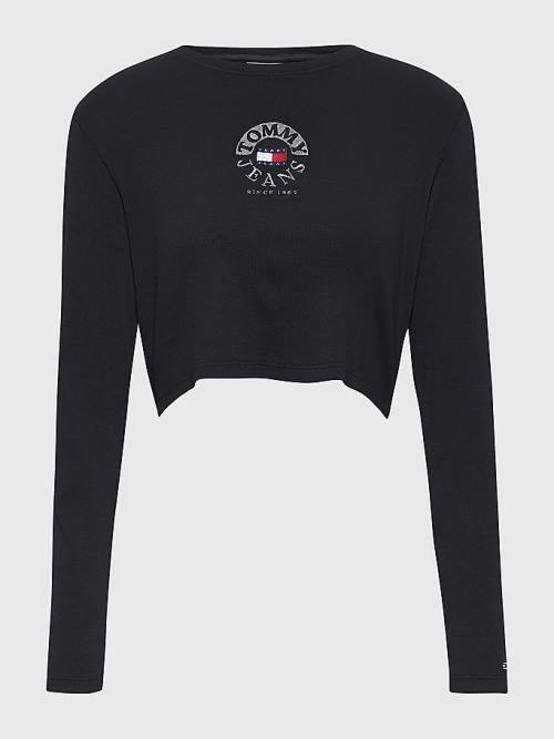 Tommy Hilfiger Cropped Logo Embroidery Long Sleeve Ženske Majice Črna | TH675DKU