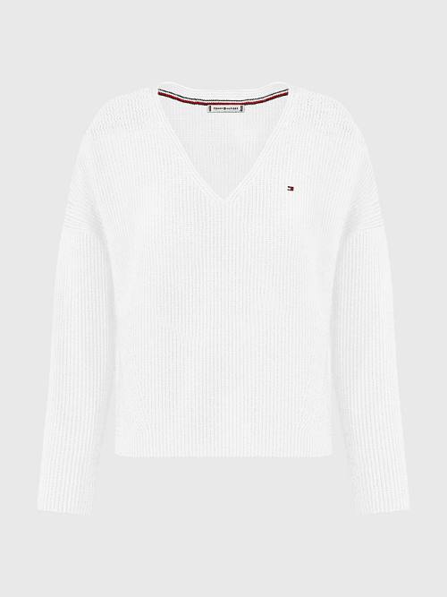 Tommy Hilfiger Curve Contrast Knit Relaxed Fit V-Neck Jumper Ženske Puloverji Bela | TH240IET