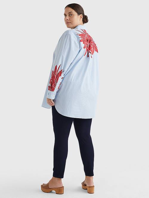 Tommy Hilfiger Curve Floral Print Stripe Boyfriend Ženske Srajce Modra | TH940RZC