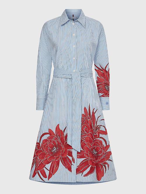 Tommy Hilfiger Curve Stripe Floral Print Midi Shirt Ženske Obleke Modra | TH096HYP