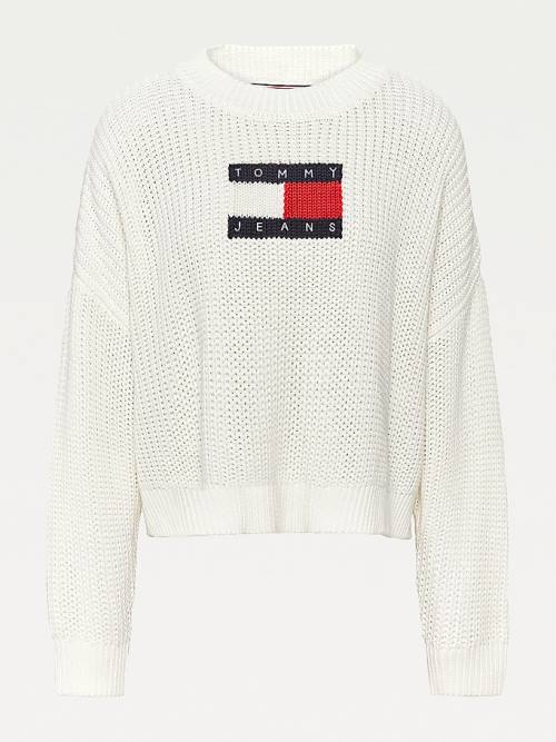 Tommy Hilfiger Curve Tommy Flag Badge Chunky Knit Jumper Ženske Puloverji Bela | TH738TKQ