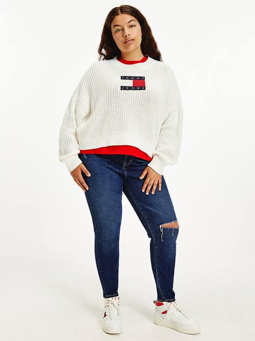 Tommy Hilfiger Curve Tommy Flag Badge Chunky Knit Jumper Ženske Puloverji Bela | TH738TKQ