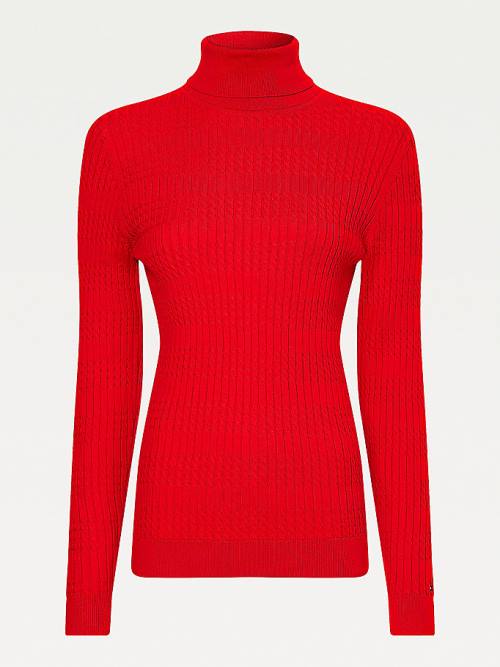 Tommy Hilfiger Essential Cable Knit Slim Fit Jumper Ženske Puloverji Rdeča | TH102MSD