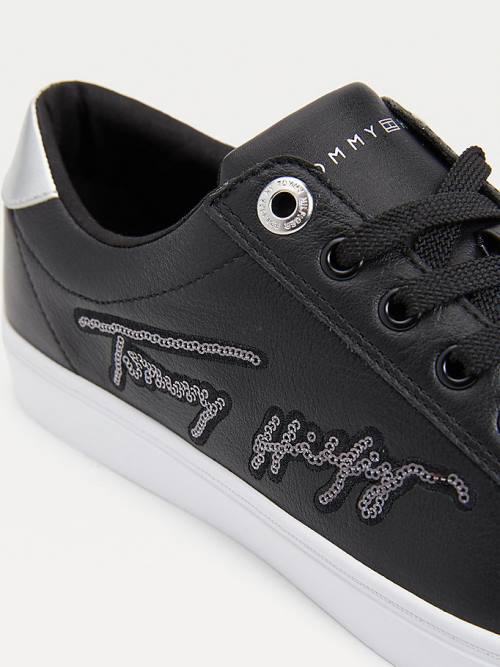 Tommy Hilfiger Essential Signature Sequin Cupsole Leather Ženske Superge Črna | TH907JEG