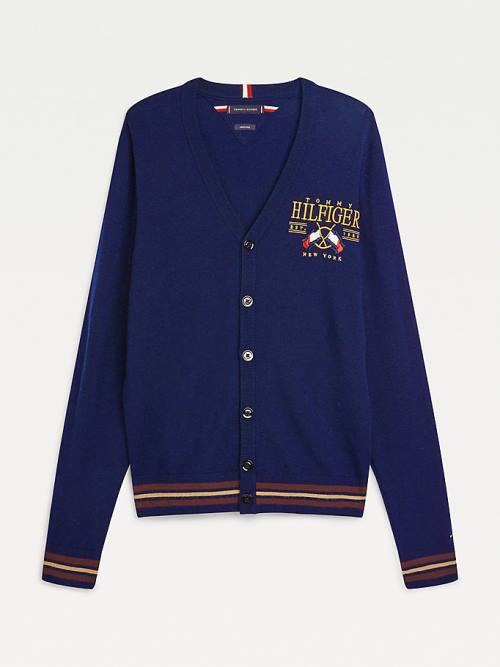 Tommy Hilfiger Exclusive Flag Logo Merino Wool Cardigan Moški Puloverji Modra | TH936FVS