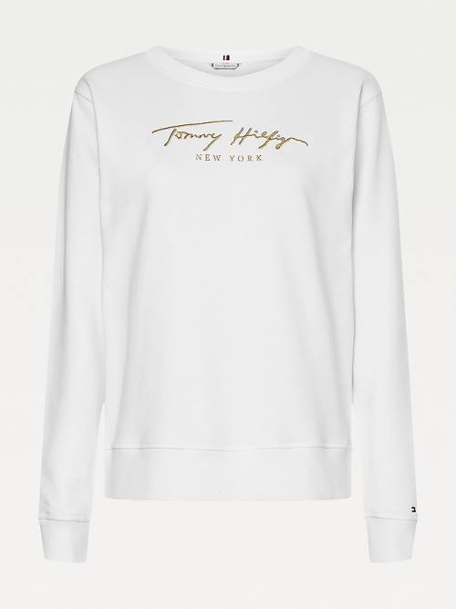 Tommy Hilfiger Gold Signature Embroidery Crew Neck Ženske Pulover Bela | TH068WZR