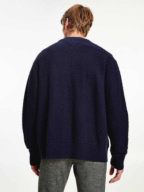 Tommy Hilfiger Herringbone Knit Cardigan Moški Puloverji Modra | TH395SIC