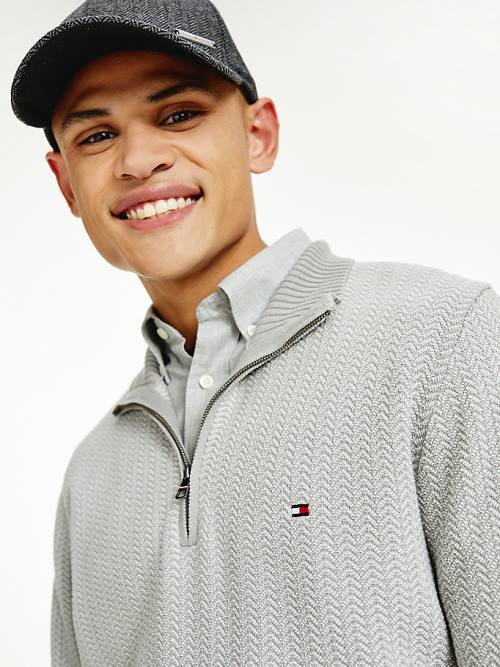 Tommy Hilfiger Herringbone Knit Half-Zip Jumper Moški Puloverji Siva | TH068UDV
