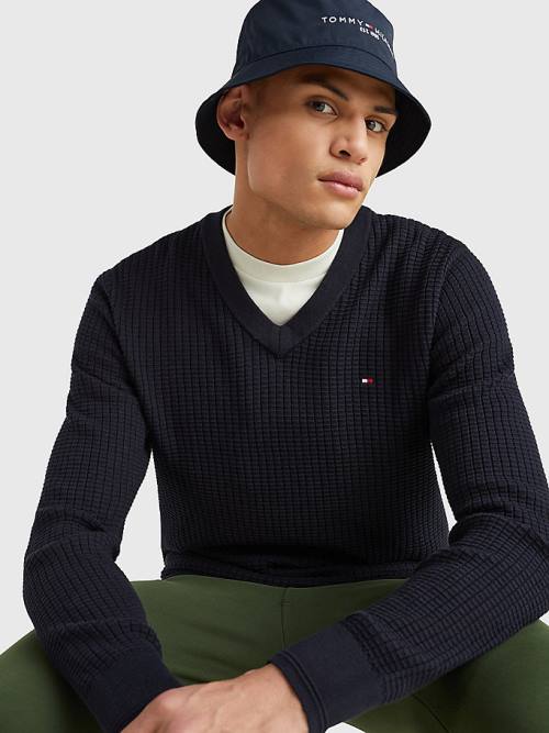 Tommy Hilfiger Knitted Grid Check V-Neck Jumper Moški Puloverji Modra | TH542XMB