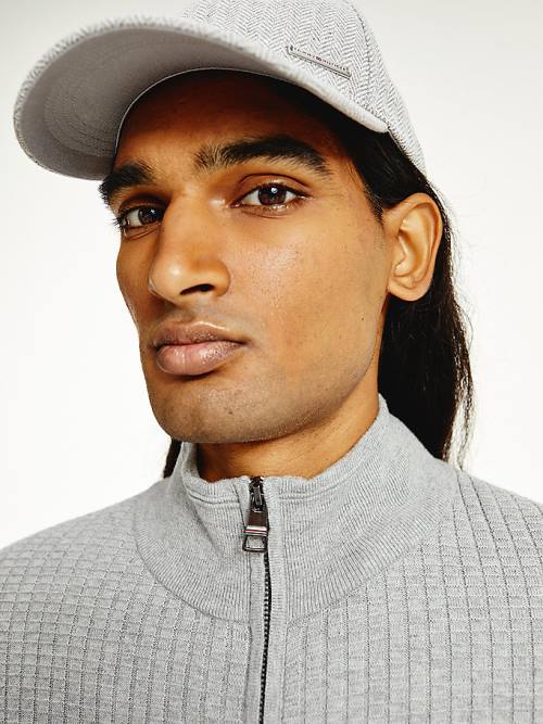 Tommy Hilfiger Knitted Grid Check Zip-Thru Jumper Moški Puloverji Siva | TH314ZOP