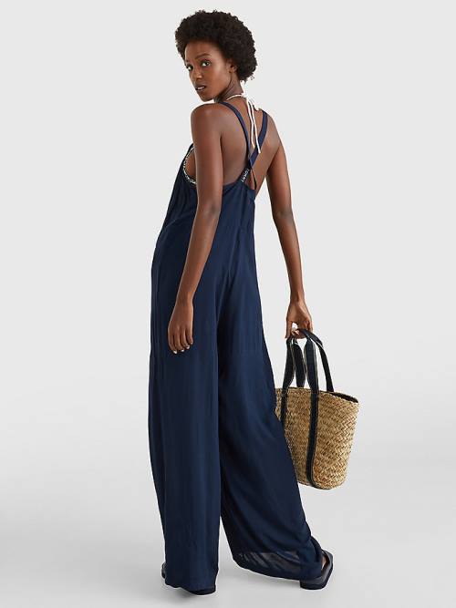 Tommy Hilfiger Logo Crossover Strap V-Neck Jumpsuit Ženske Kopalke Modra | TH709JCM