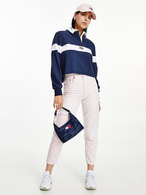 Tommy Hilfiger Long Sleeve Cropped Stripe Rugby Shirt Ženske Polo Majica Modra | TH560FMP