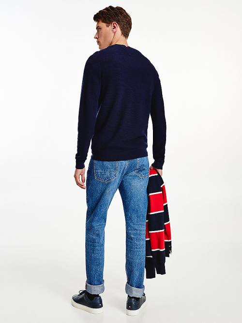 Tommy Hilfiger Luxury Wool Textured Jumper Moški Puloverji Modra | TH239EID