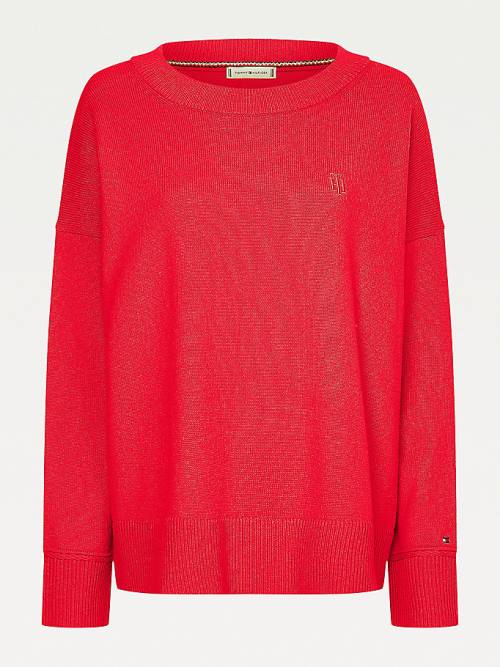 Tommy Hilfiger Monogram Embroidery Relaxed Fit Alpaca Jumper Ženske Puloverji Rdeča | TH391HDC