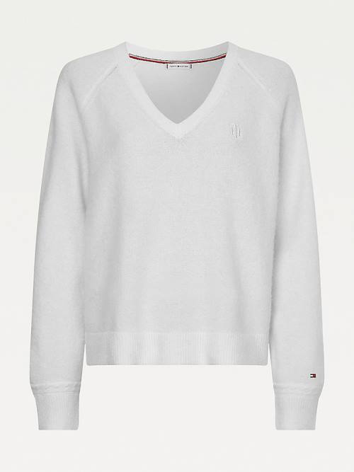 Tommy Hilfiger Monogram Embroidery Relaxed Fit V-Neck Jumper Ženske Puloverji Bela | TH805LOS