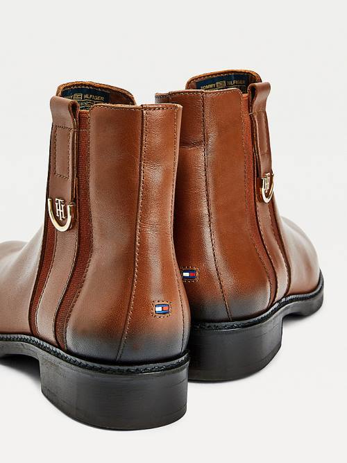 Tommy Hilfiger Monogram Plaque Flat Leather Ankle Ženske Škornji Rjav | TH756MDF