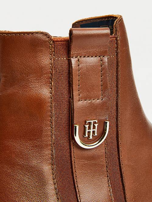 Tommy Hilfiger Monogram Plaque Flat Leather Ankle Ženske Škornji Rjav | TH756MDF