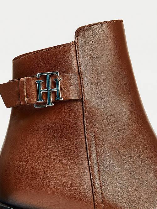 Tommy Hilfiger Monogram Plaque Leather Ankle Ženske Škornji Rjav | TH782WYZ