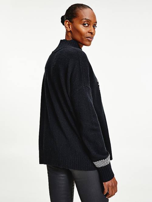 Tommy Hilfiger Monogram Relaxed Fit Alpaca Jumper Ženske Puloverji Črna | TH467QVO