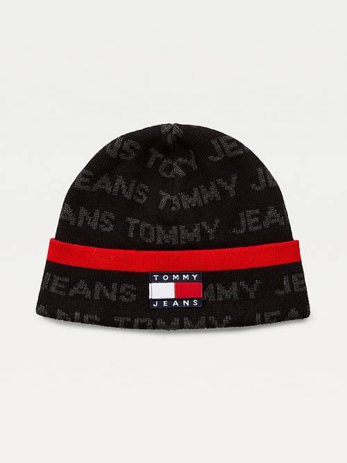 Tommy Hilfiger Organic Cotton Logo Print Beanie Moški Kapa Črna | TH674IUX