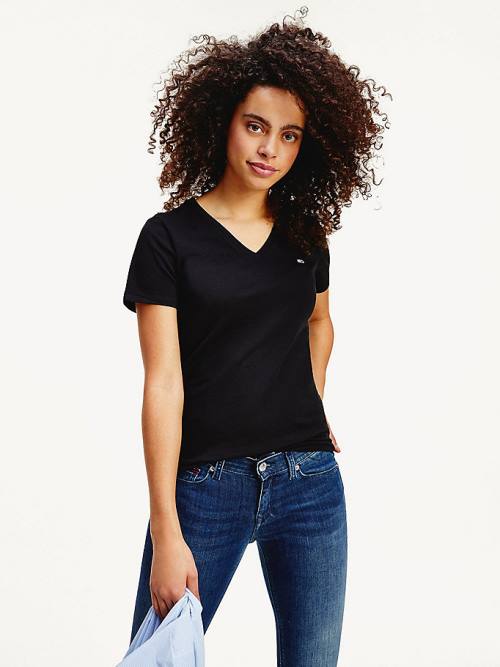 Tommy Hilfiger Organic Cotton Skinny Fit V-Neck Ženske Majice Črna | TH438NYT