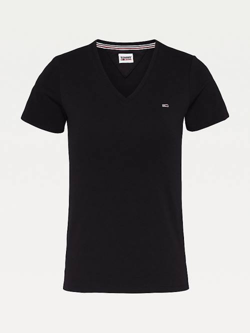 Tommy Hilfiger Organic Cotton Skinny Fit V-Neck Ženske Majice Črna | TH438NYT