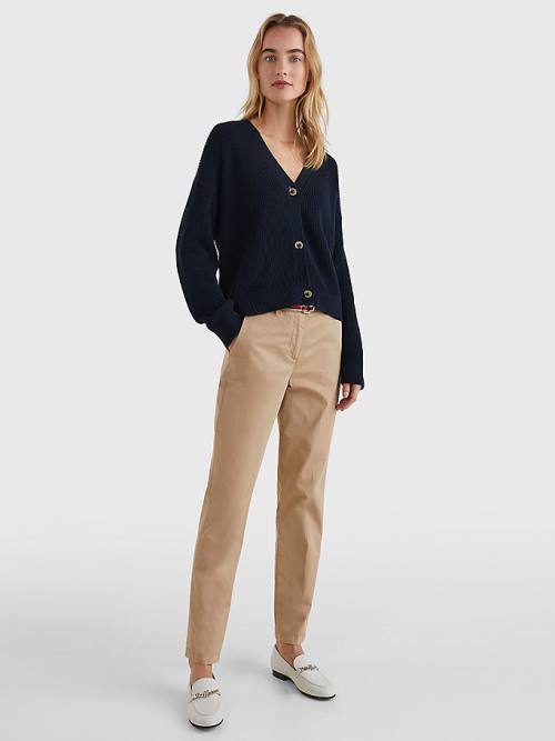 Tommy Hilfiger Organic Cotton V-Neck Relaxed Fit Cardigan Ženske Puloverji Modra | TH836DTB