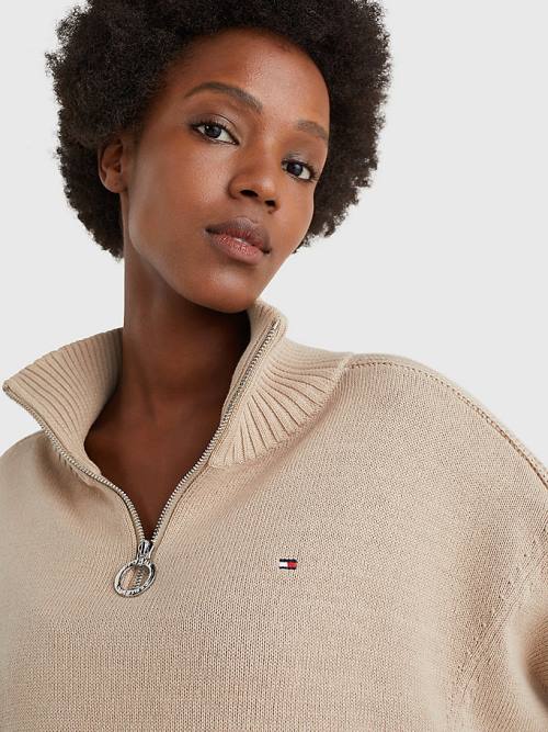 Tommy Hilfiger Oversized Half-Zip High Neck Jumper Ženske Puloverji Bež | TH487TUA