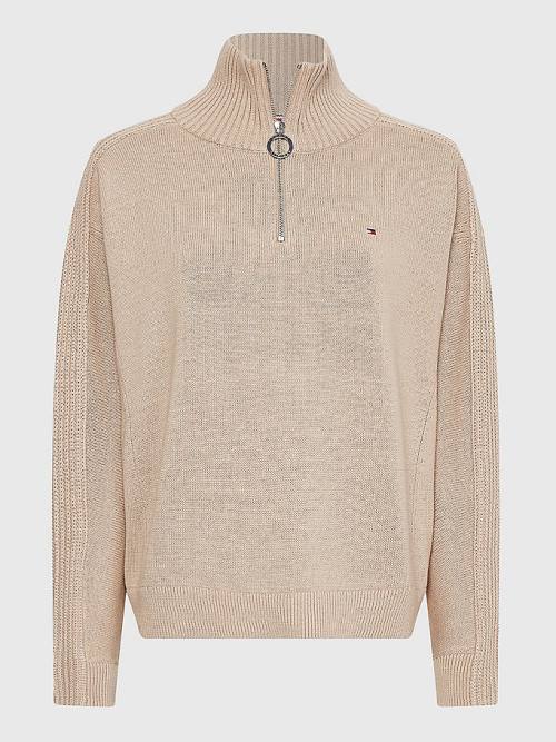 Tommy Hilfiger Oversized Half-Zip High Neck Jumper Ženske Puloverji Bež | TH487TUA