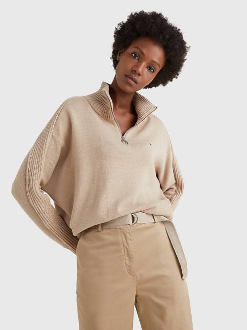 Tommy Hilfiger Oversized Half-Zip High Neck Jumper Ženske Puloverji Bež | TH487TUA