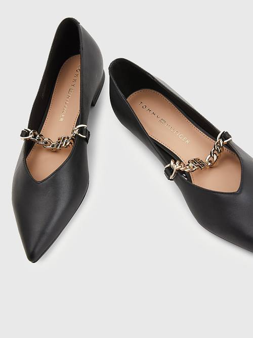 Tommy Hilfiger Pointed Toe Chain Leather Ženske Balerina Črna | TH207BGK