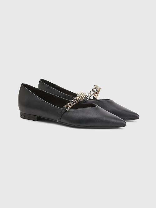 Tommy Hilfiger Pointed Toe Chain Leather Ženske Balerina Črna | TH207BGK