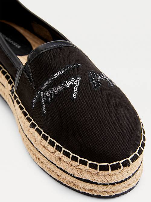 Tommy Hilfiger Sequin Signature Flatform Espadrilles Ženske Loafers Črna | TH310WZU