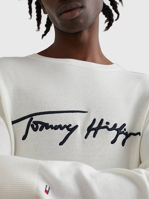 Tommy Hilfiger Signature Logo Embroidery Jumper Moški Puloverji Bela | TH423PZF