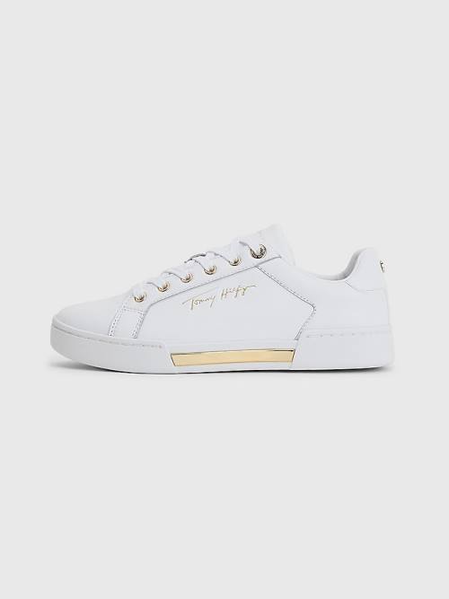 Tommy Hilfiger Signature Logo Leather Cupsole Ženske Superge Bela | TH243OIH
