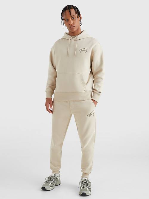 Tommy Hilfiger Signature Logo Relaxed Fit Moški Pulover s kapuco Bež | TH156ZEN