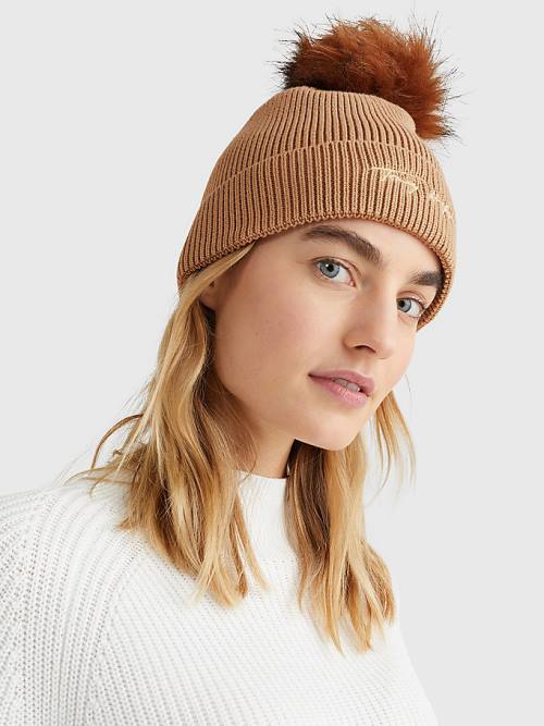 Tommy Hilfiger Signature Pom Pom Beanie Ženske Kapa Bež | TH291NLW