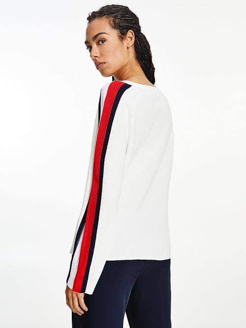 Tommy Hilfiger Signature Sleeve Round Neck Jumper Ženske Puloverji Bela | TH193XVR